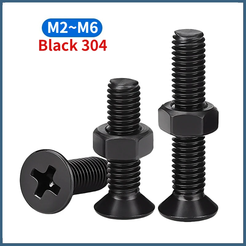 Phillips Countersunk Flat Head Machine Screws and Hexagon Full Nuts Set Black 304 Stainless Steel M2 M2.5 M3 M4 M5 M6