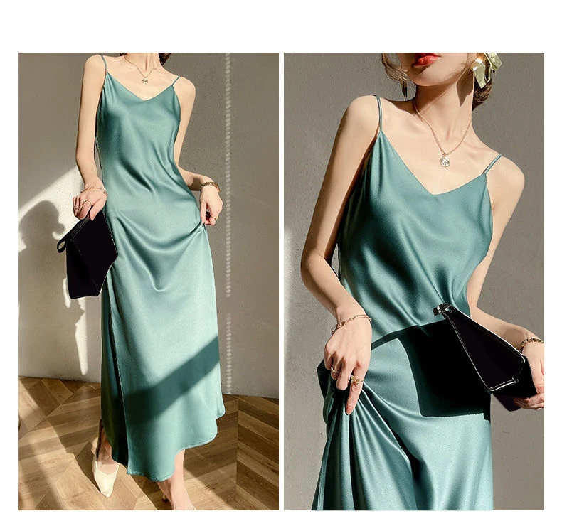 Vintage Satin Women\'s Dress Summer Sexy Spaghetti Strap Long Party Maxi Dresses Midi Robe Female Clothing