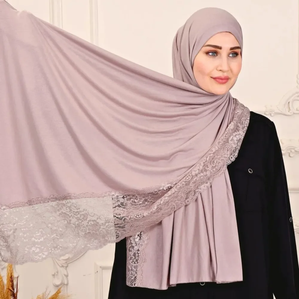 

Women Soft Long Modal Scarf Solid Color Lace Trim Fashion Headscarf Shawl Wrap