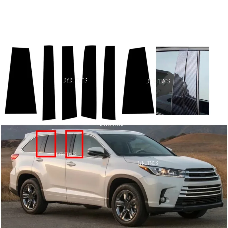 6Pcs Silver Glossy Black Pillar Posts Trim  Door Window  Cover Fit For Toyota Highlander 2014 2015 2016 2017 2018 2019 Carbon
