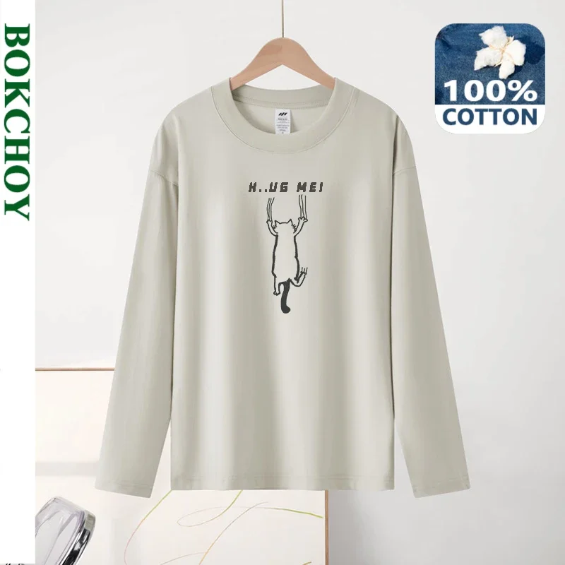 2024 Autumn New Simple Cat Printed 100% Cotton Men T-shirts Long Sleeve Casual Round Neck Soft Men Tops BOK1114