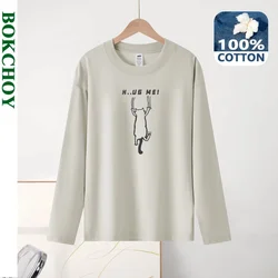 2024 Autumn New Simple Cat Printed 100% Cotton Men T-shirts Long Sleeve Casual Round Neck Soft Men Tops BOK1114