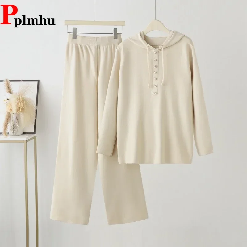 

Spring Knitted Tracksuit 2 Piece SetsKnit Soft High Waist Wide Leg Pants Outfits Korean Suits Knitwears Hoodie Tops Conjuntos