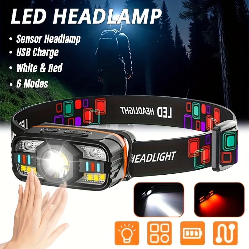 USB Rechargeable LED Headlamp Portable Light with Built in Battery 6 Lighting Modes Fishing Head Torch Outdoor Camping Lantern