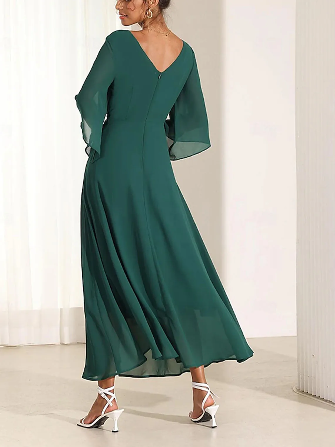 

Elegant A-line Evening Dress Chiffon V Neck 3/4 Flared Sleeve Ruffle Ankle Length Wedding Guest Prom Gown 2025 Free Customized