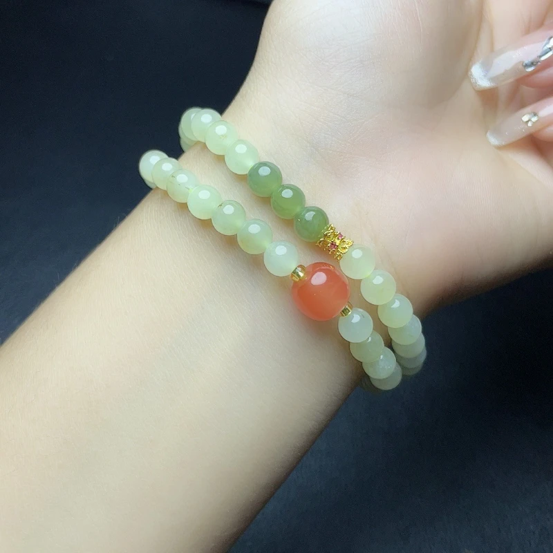 

Natural Hetian jade double circle bracelet, retro ethnic style double circle bead bracelet, fresh girlfriend style