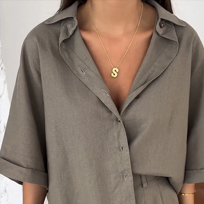 LIYONG Two Piece Set Women 2024 New Summer Casual Solid Lapel Half Sleeve Single Breasted Button Top Pleated Shorts Pants Sets