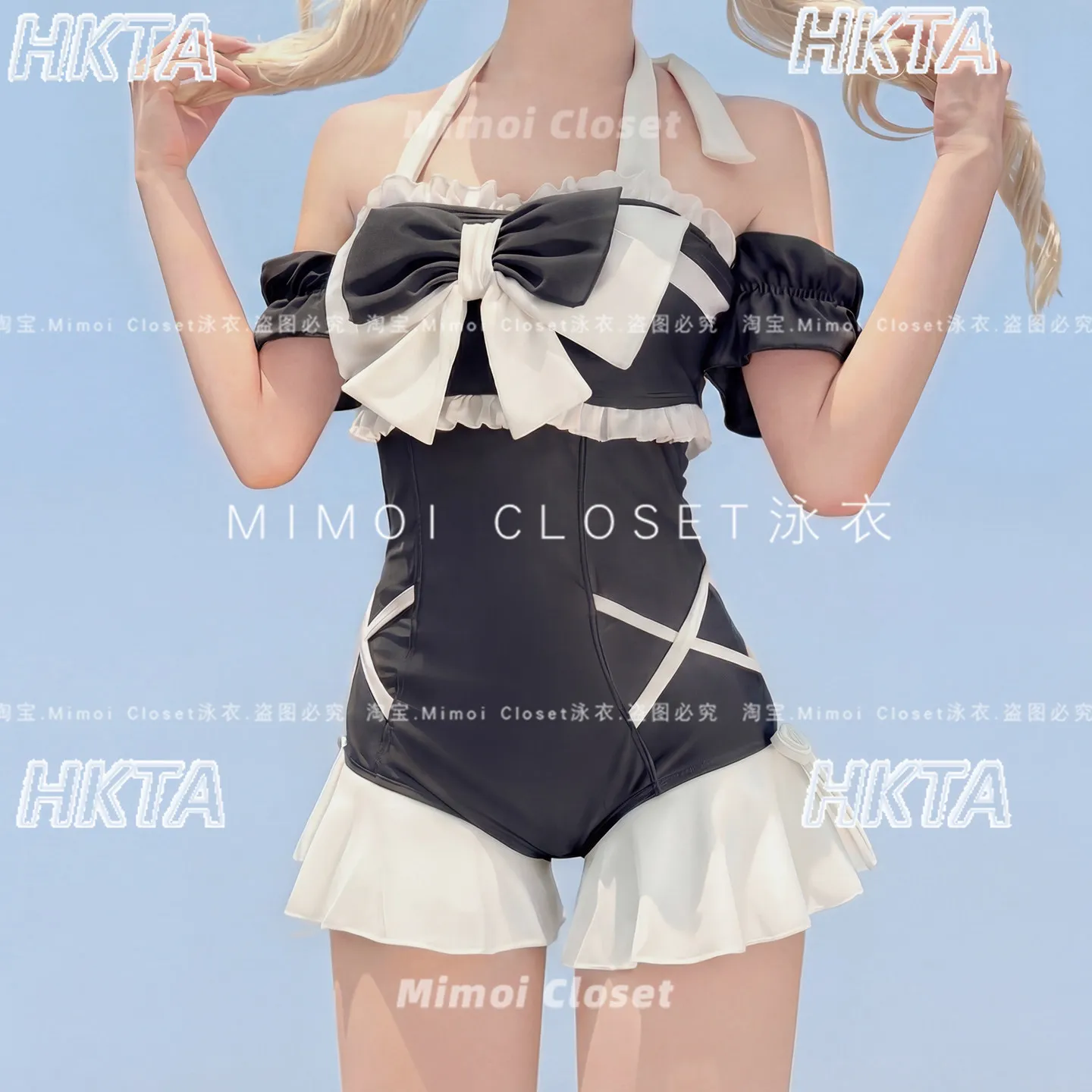 Japanese 2026 New Kawaii Lolita Pleated Bow Ruffle Neck One Piece Set Sweet Cute Thin Vacation Beach Casual Black Swimsuit Women