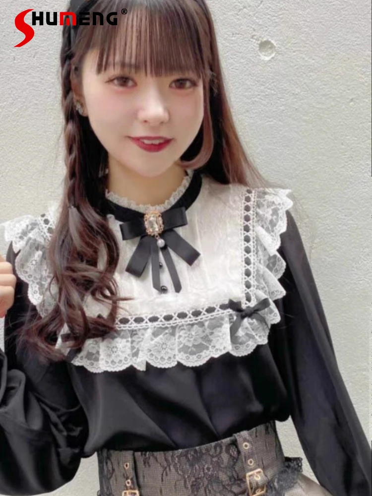 

Rojita Sweet Bow Shirt Female Spring and Autumn Japanese Mine Maid Costume Sailor Suit Navy Collar Long Sleeve Blouse for Women