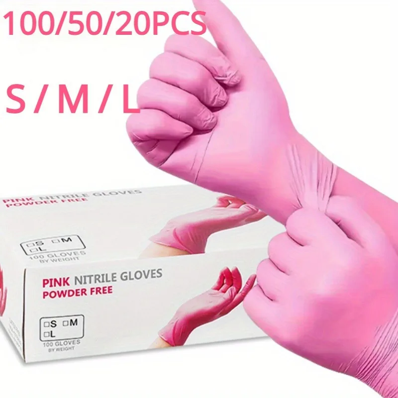 100/50/20PCS Pink Nitrile Gloves For Cleaning Kitchen Dishwashing Gloves For Hair Dyeing Beauty Tattoo Household  Supplies