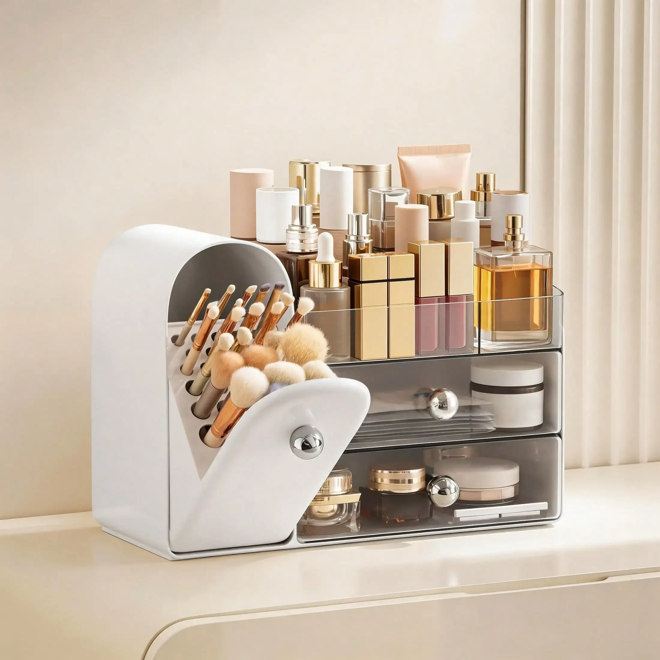 Makeup Organizer Countertop With Drawers, Vanity Organizers With Brush Holder, Bathroom Counter Organizer For Perfume, Nail Polishes, Lipsticks, Skincare And Eyeshadow Palettes