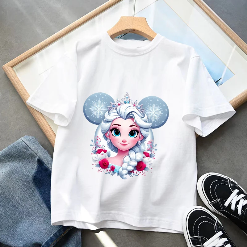 

Children T-shirt Elsa Cartoons Disney Princess Summer Clothes Kids Tees Shirts Top Kawaii Casual Clothing Boy Girl Short Sleeve