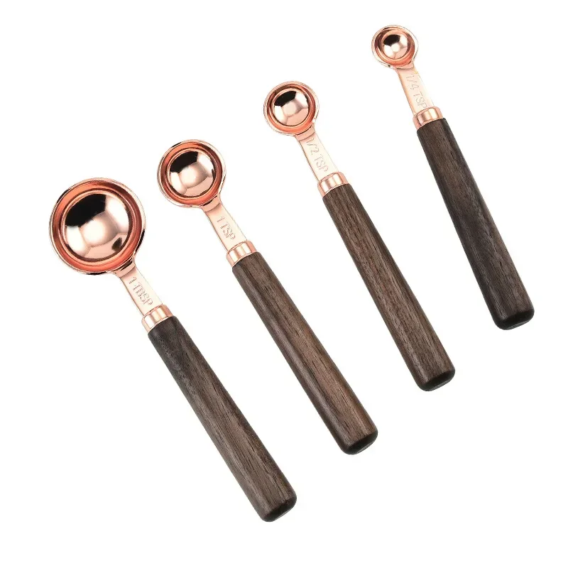 4pcs Rose Gold Plated Stainless Steel Measuring Cups Coffee Scoop Spoon With Wooden Handle Cake Kitchen Baking Tools