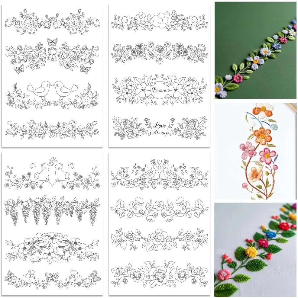 4 Blatt wasserlösliches Stabilisator-Stickmuster, klebriges, sofort Stickpapier, waschbares Blumenmuster-Design