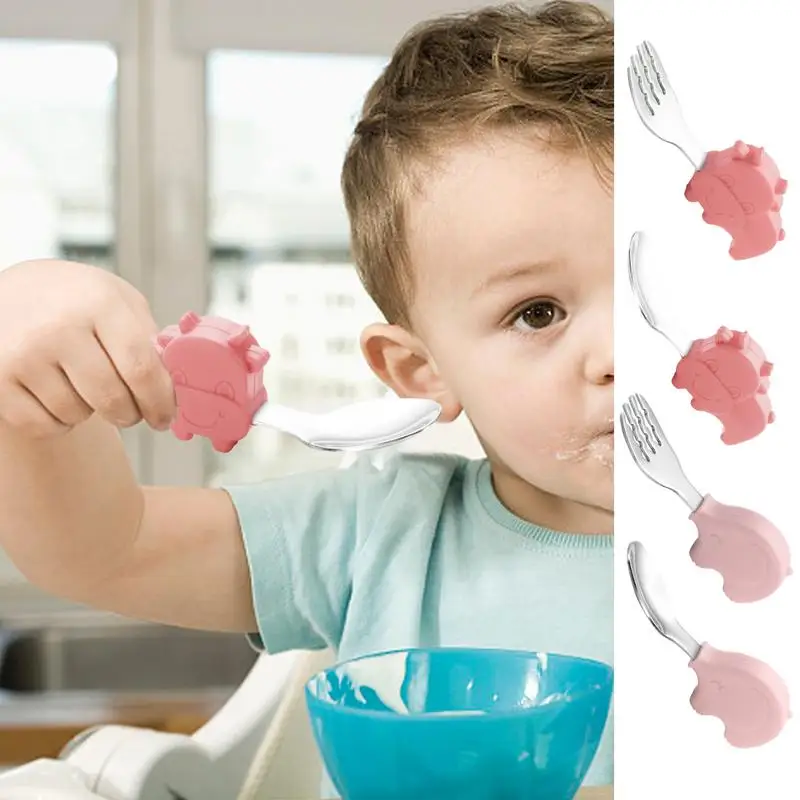 

Toddler Forks Spoons Stainless Steel Baby Feeding Utensils Kids Self Feeding Spoons Forks Anti Slip kid Dinnerware Cutlery Spoon