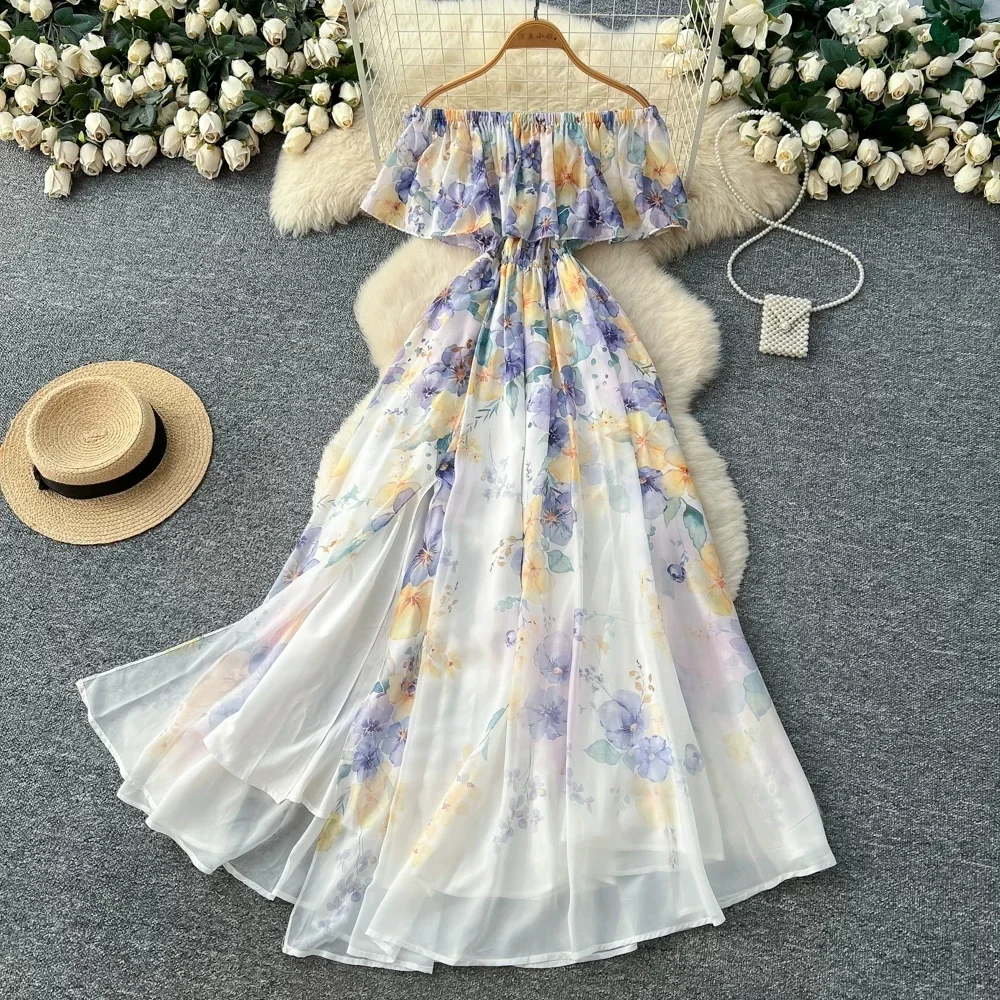 Greenora 2026 Autumn Floral Print Maxi Dress Women Off Shoulder Ruffle Chiffon Dress High Waist Split Flowy Boho Beach Vacation