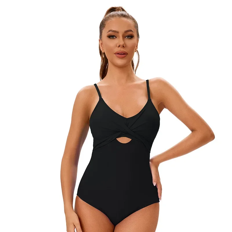 กีฬาบิกินี่ผู้หญิง One Piece ชุดว่ายน้ําสีทึบ Patchwork เอวสูง Hollow Out Monokini V คอ Suspender ชุดว่ายน้ําเปลือย