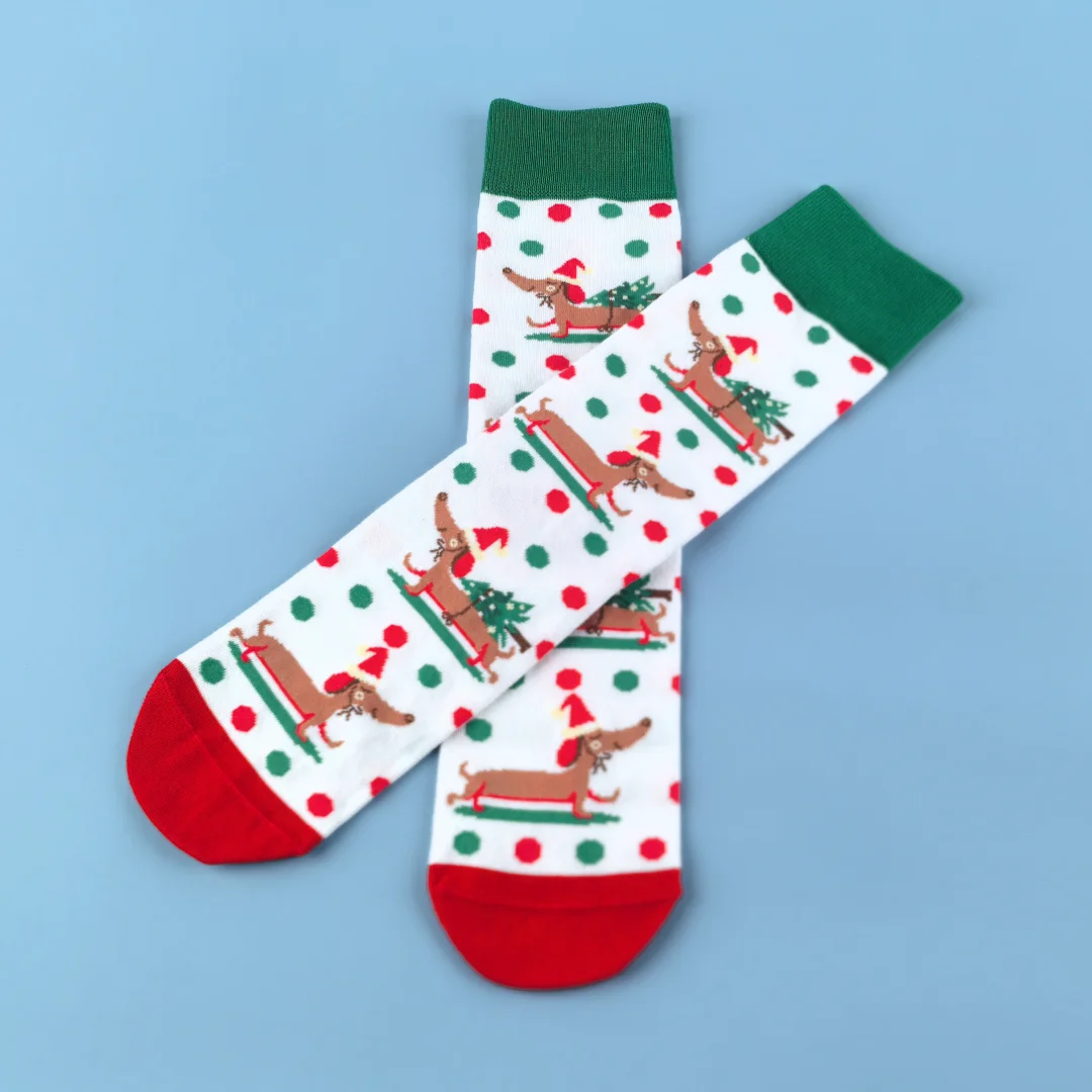 1 Pair Dachshund Wearing A Santa Hat, With red and green polka dots Printed, In a Christmas-themed Mid-calf socks