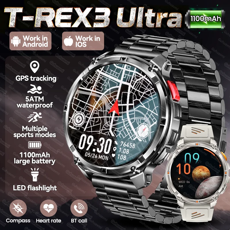 

New Outdoors T-REX3 Ultra 1100mAh Large Battery Smart Watch Men Flashlight GPS Compass 5ATM Waterproof Wireless Call Smartwatch