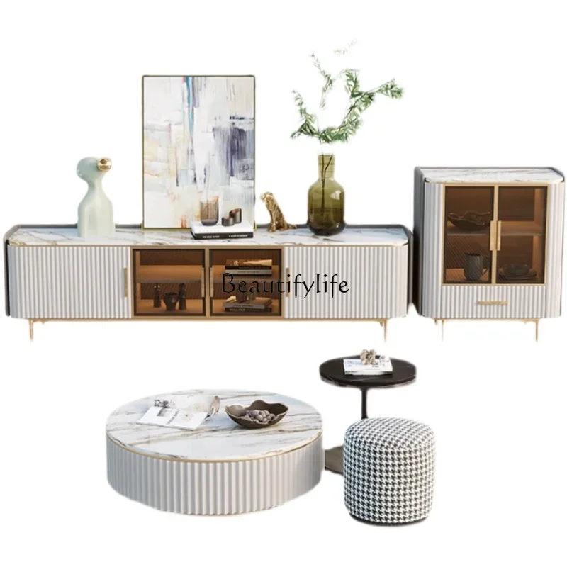 

FG17Stone Plate Marble TV Cabinet and Tea Table Combination Light Luxury Style Modern Simple Small Apartment Floor Cabinet Table