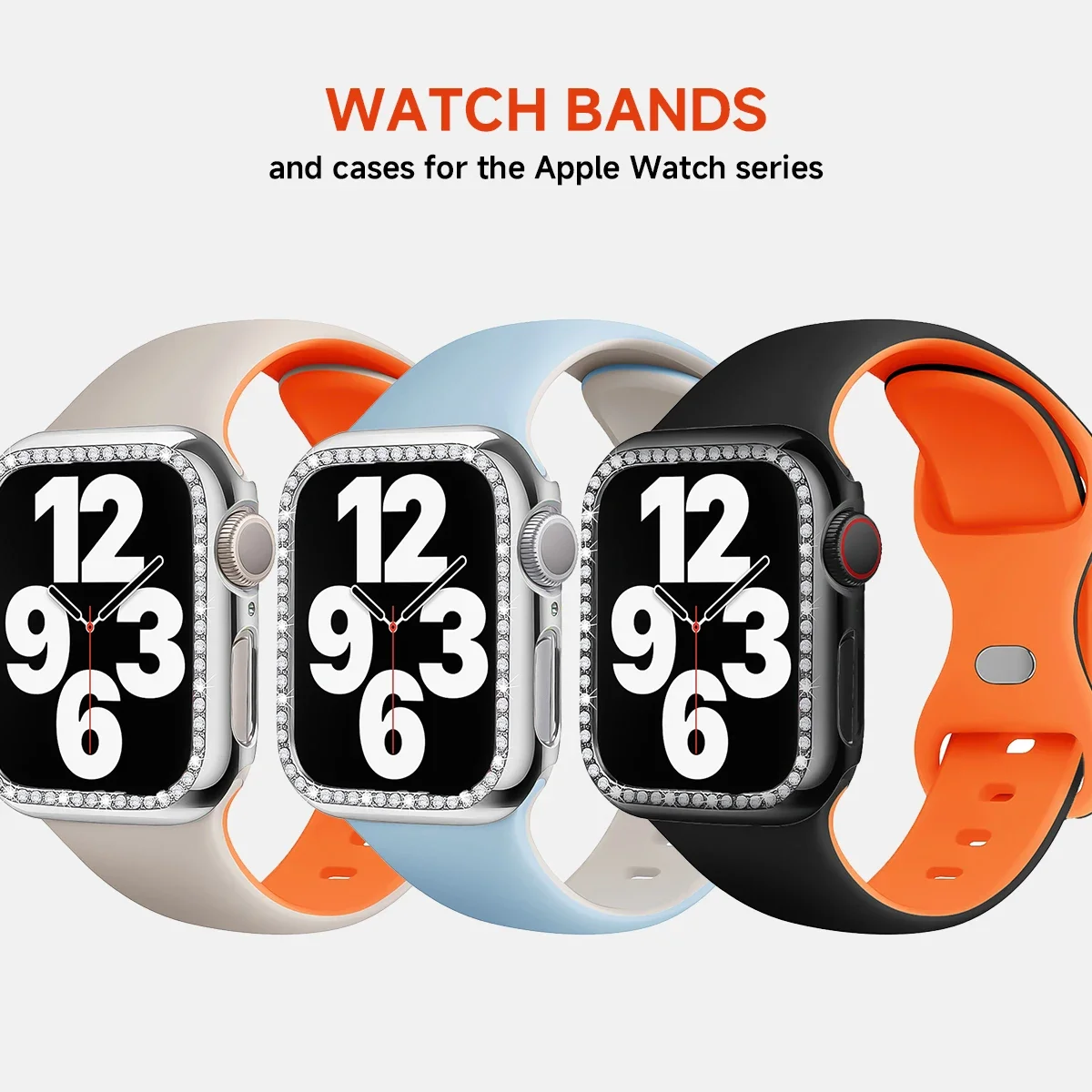 Diamond Case+Silicone Strap for Apple Watch Band 49/45/44/42/41/41/38mm Soft Silicone for iWatch SE Series 9 8 7 6 5 4 3 2 Cover