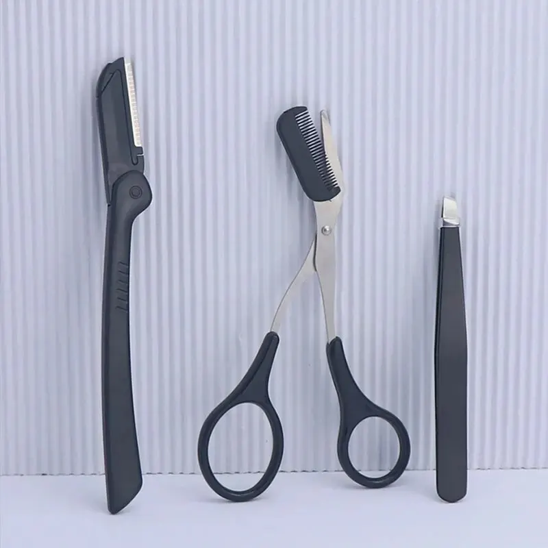 3-Piece Stainless Steel Eyebrow Tweezers, Comb, And Scissors Set; Eyebrow Trimmer, Tweezers, And Eyebrow Razor Eyebrow Trimming