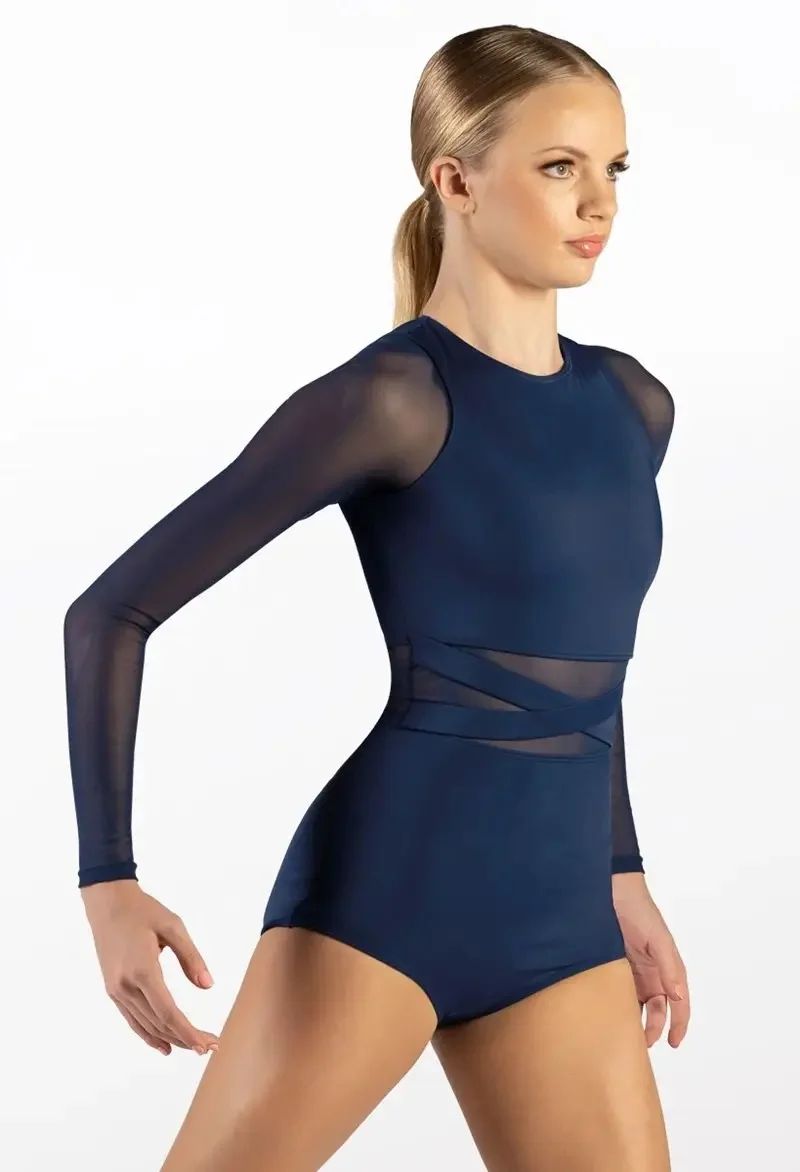 Navy blue mesh long sleeved boxer shorts jazz performance outfit