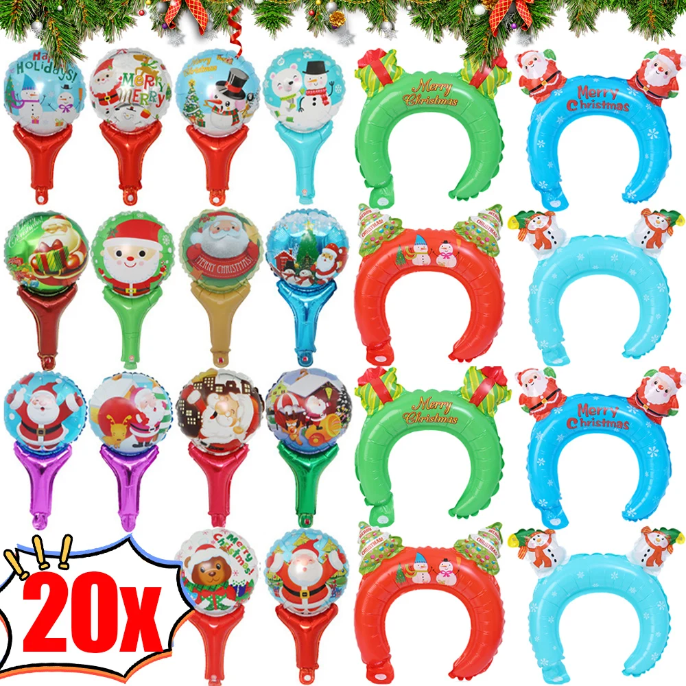 20/10PCS Christmas Hair Band Inflate Balloons Kids Toys Santa Claus Snowman Foil Handheld Stick Xmas New Year Party Decoration