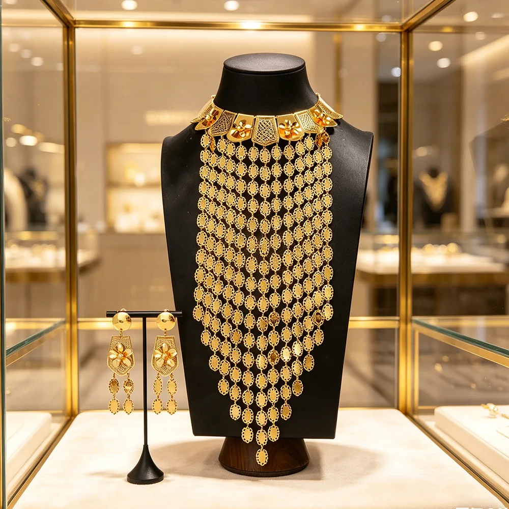 

New Dubai Fashion High end 24K Gold Plated Necklace Earrings Exquisite Engagement Party Jewelry Set for Lovers