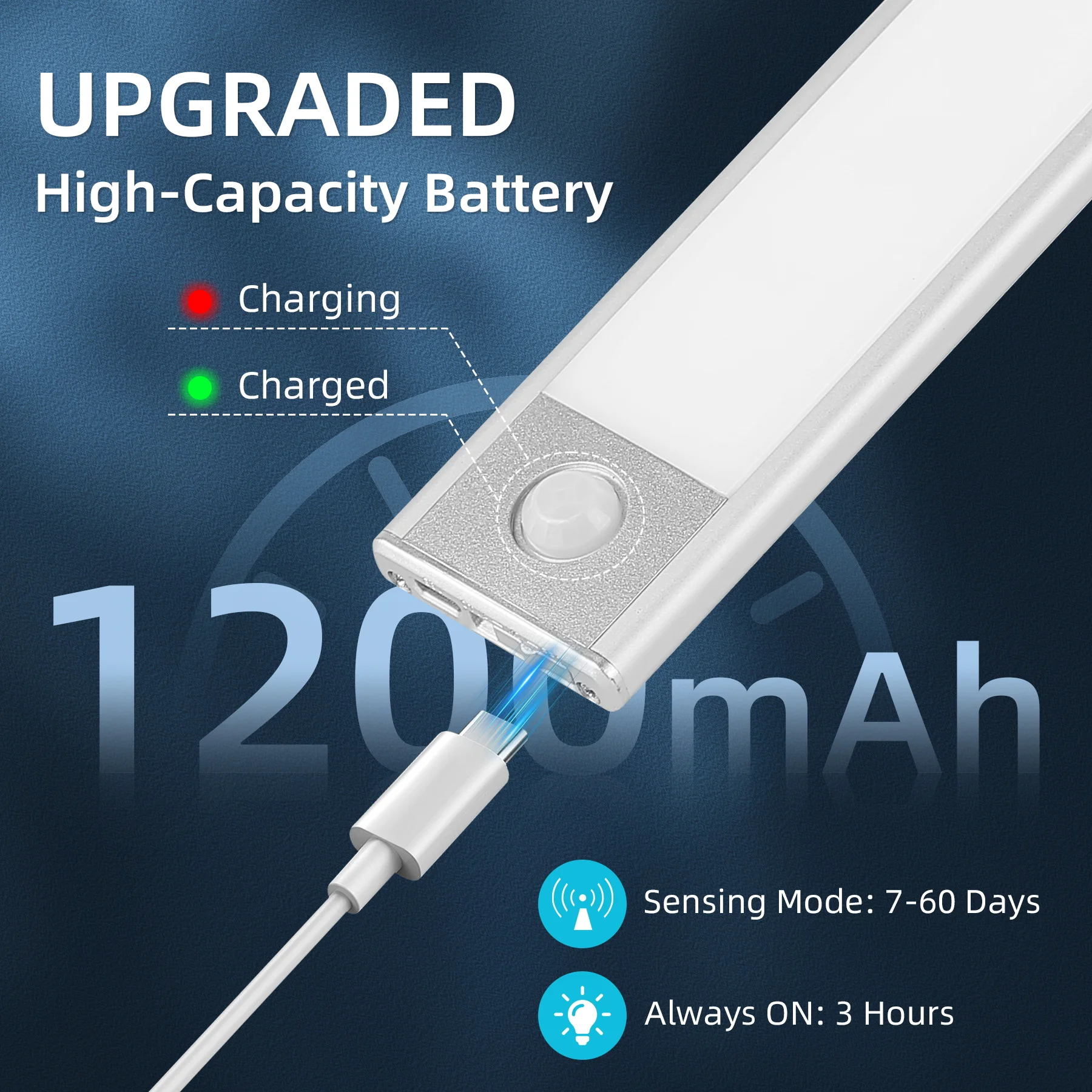 ضوء ليلي تحت أضواء الخزانات، ضوء LED رفيع للغاية، مستشعر حركة لاسلكي قابل لإعادة الشحن، 3 ألوان لإضاءة غرفة نوم المطبخ