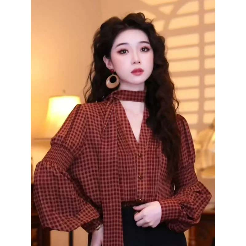 Red Ribbon V-neck Plaid Shirt For Women New Autumn Retro Style Loose Top