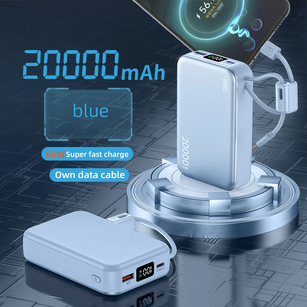 

20000 мАч Power Bank Быстрая зарядка с 2 кабелями Цифровой дисплей Powerbank Аккумуляторные батареи для iOS 13 14 15 Xiaomi Huawei
