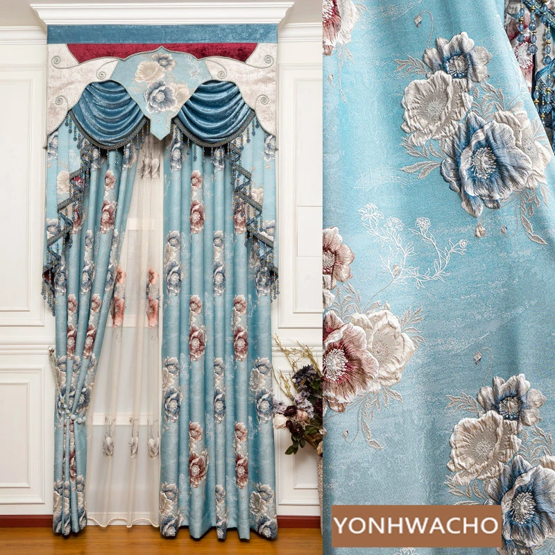 

Custom luxury bedroom stereo shading high precision jacquard blue cloth blackout curtain tulle valance drape C1604