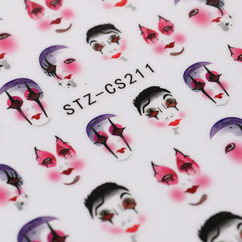 3D 만화 광대 네일 스티커 유행 조커 불 립 네일 할로윈 무서운 얼굴 네일 장식을위한 자체 접착 슬라이더