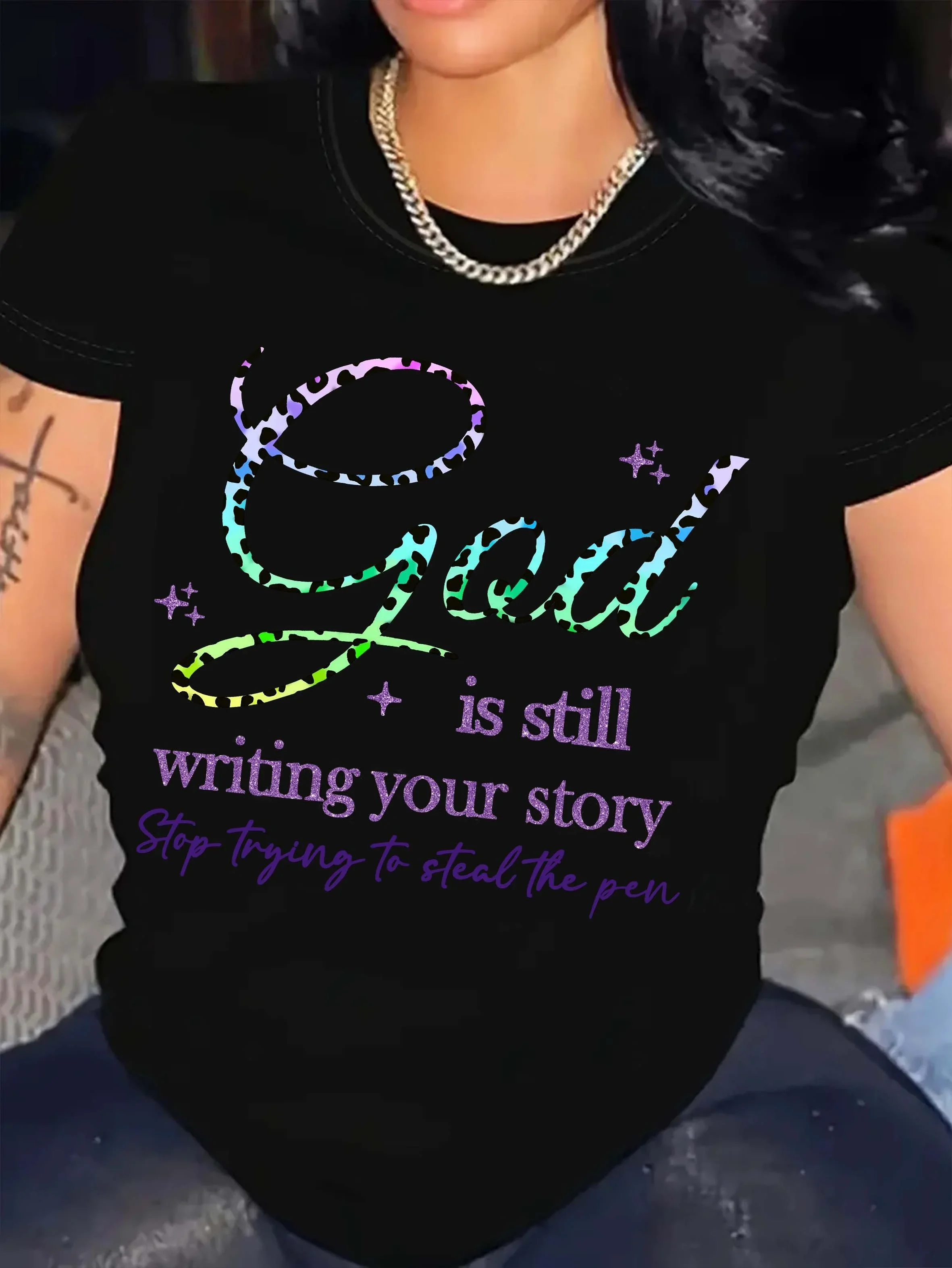 God Is Still Writing Your Story Print Crew Neck God Letter Print T-Shirt Casual Short Sleeve Top Women's Clothing