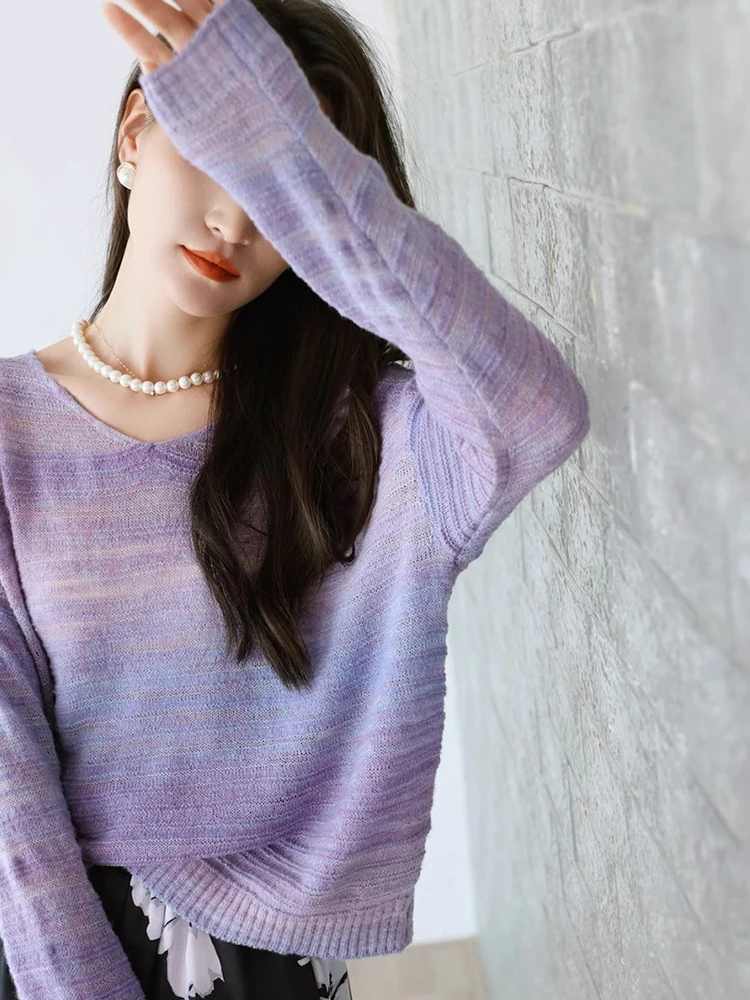 

aduated Ombre Long Sve Knitted Sweater Women's Casual Faionable Ele Slimming Versatile Top for Autumn