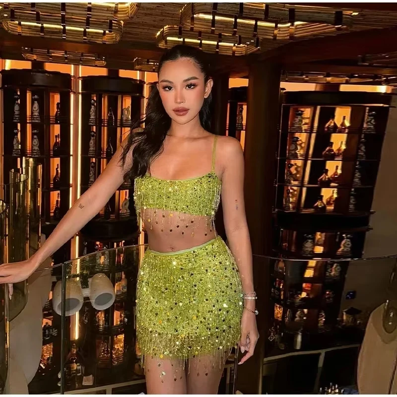 

Sexy Sequins Tassel Skirt Sets Women Sling Crop Tops Hip Package A-line Short Skirts 2025 Summer Chic Beach Party Outfits Lady