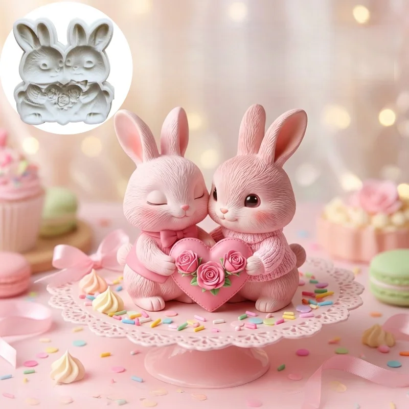 Couple rabbit silicone mold, reusable and easy to demold, epoxy resin mold, suitable for drop-casting and clay handicrafts