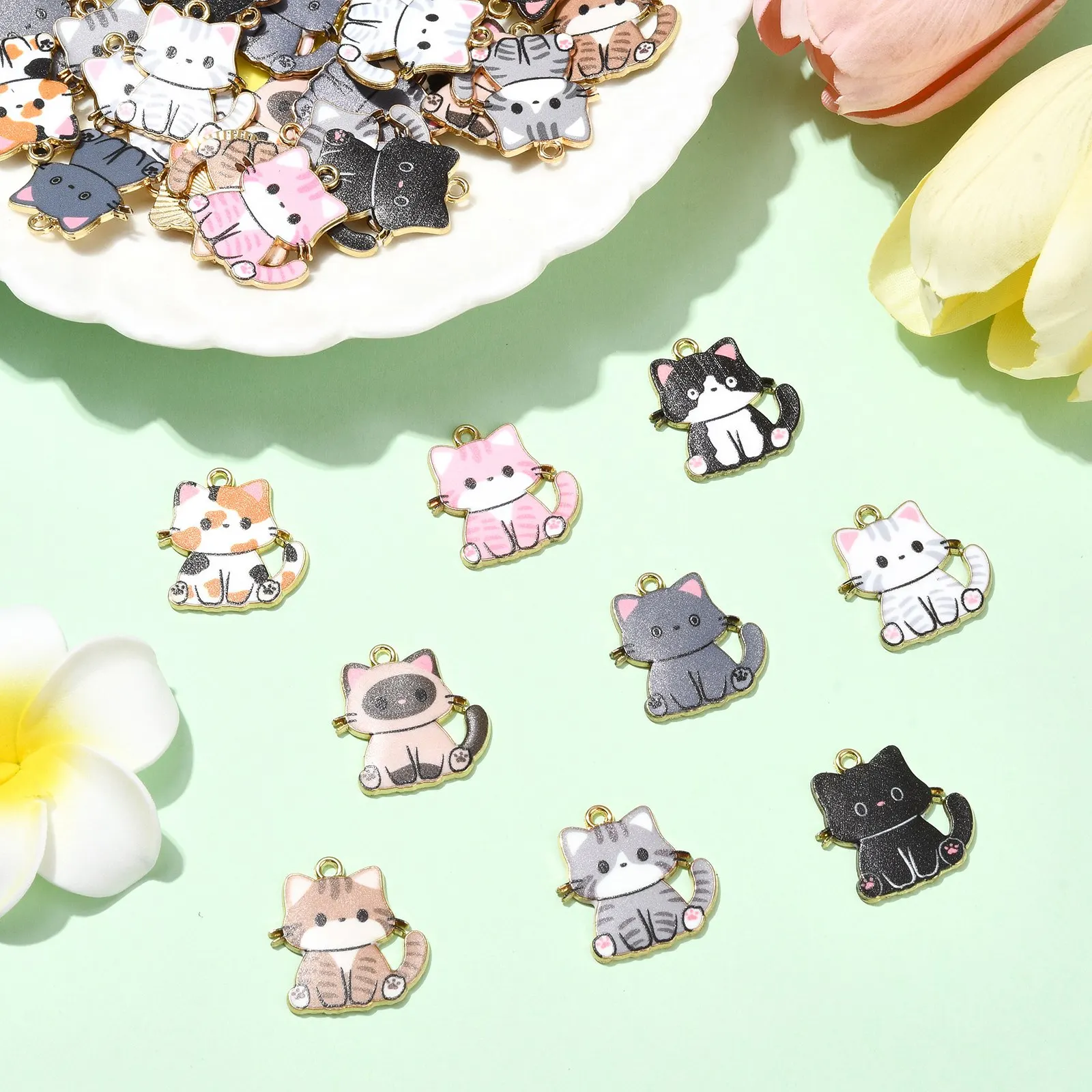 45Pcs 9 Styles Enamel Cat Charms Pendant Cute Kitten Animal Charms Small Flower Cat Charms for Jewelry