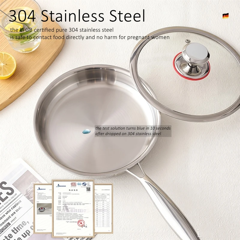 LFGB Certified Skillet Ultra Thick 5 Layers Kitchen Pot Physical Non-stick 304 Stainless Steel Frying Pan without Coating