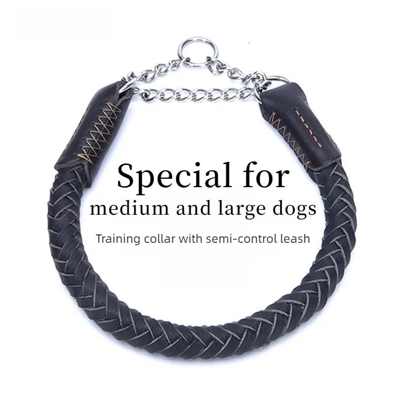 Leather Dog Training Collar Leash Martingale Collar Martingale P Chain for Medium Large Dogs Heavy Duty Anti-Pull Walking Lead