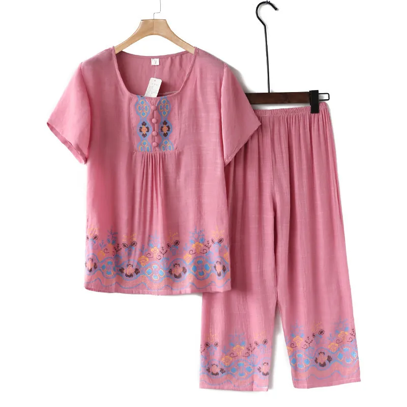 Pyjama brodé en coton et lin pour femme d\'âge moyen, ensemble deux pièces, vêtements de nuit élégants, vêtements d\'intérieur, été