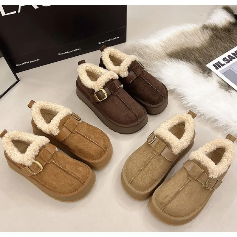 Women Platform Winter Snow Boots, Faux Fur Lined, Metal Buckle Suede Slip On Boots, Non-Slip Thick Sole Warm Casual Winter Boots