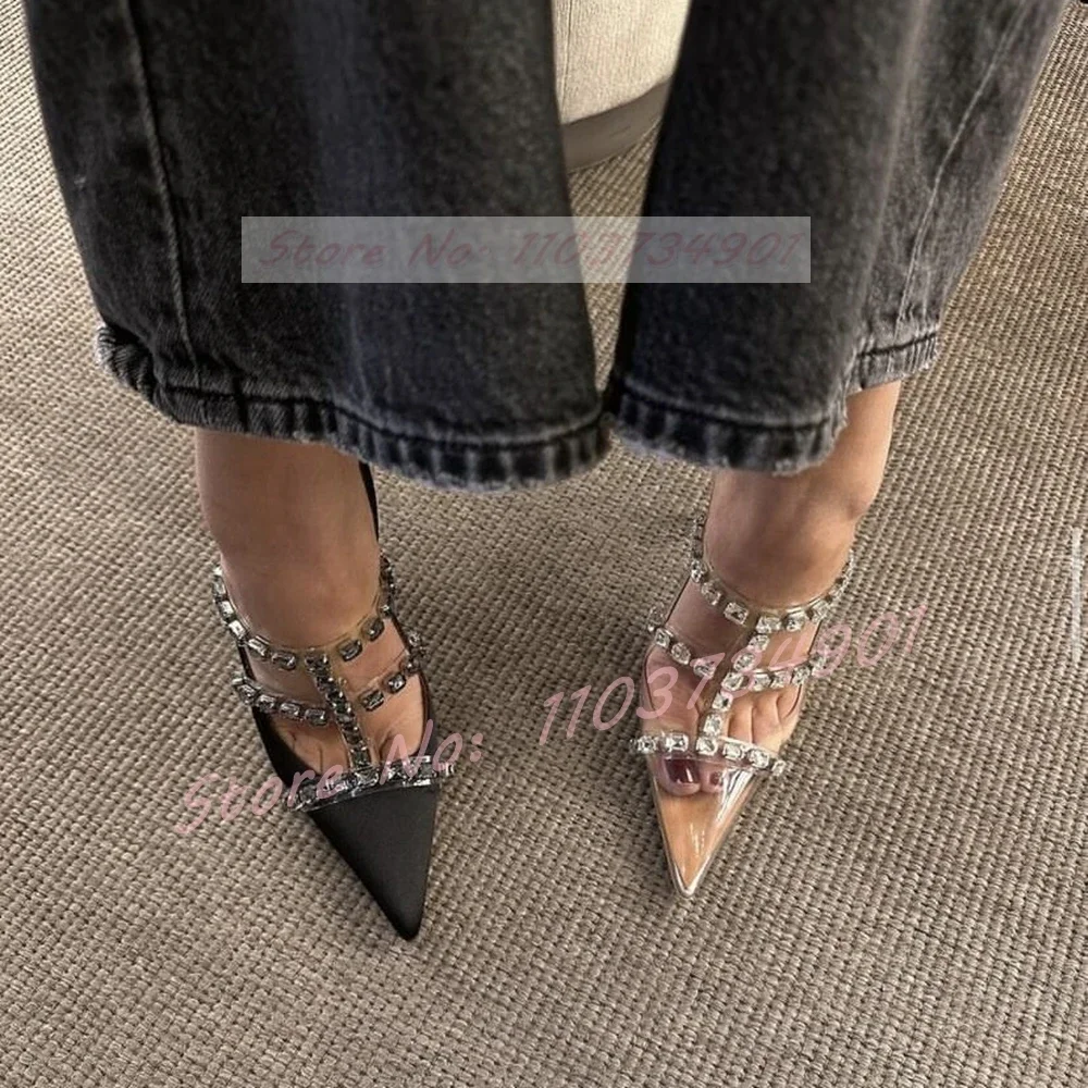 

Pointed Toe Clear Crystals Slippers Women Sexy Satin PVC Slip-on Stiletto High Heels Shoes Female Elegant Party 10CM Slippers