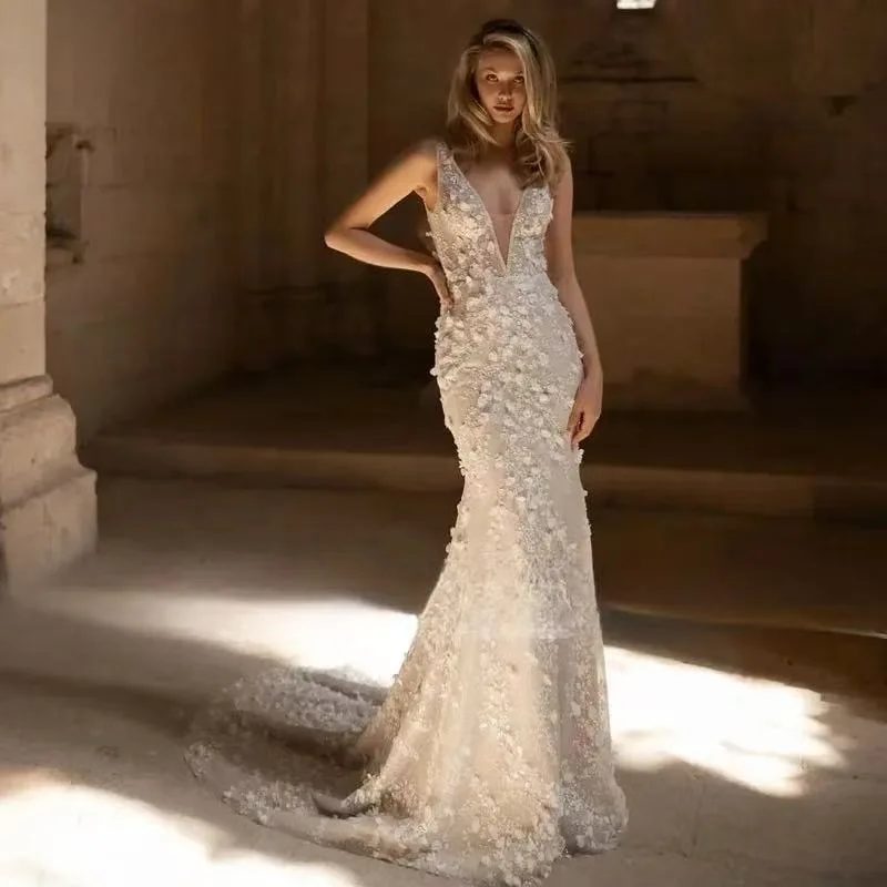

Exquisite Mermaid Wedding Dresses Appliques V-Neck Sleeveless Backless 2 In 1 Bridal Gown Customized Vestidos De Novia