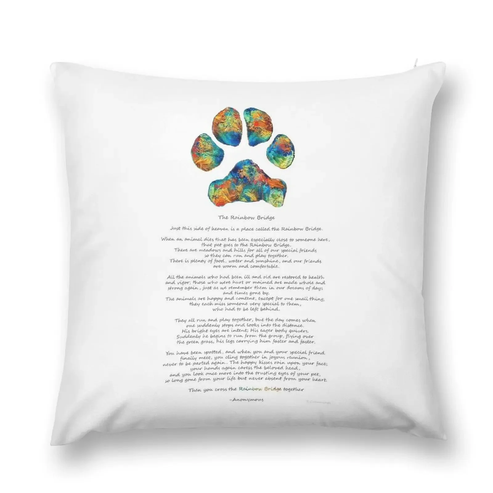 Rainbow Bridge Poem With Colorful Paw Print by Sharon Cummings Throw Pillow christmas supplies pillow