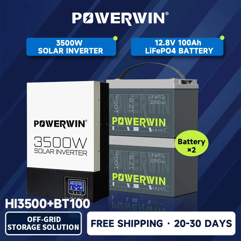 

POWERWIN BT100 12V 100Ah/1280Wh LifePO4 HI3500 3500W Hybrid Solar Off-grid 24V Pure Sine Wave LCD 24V Battery 100A MPPT