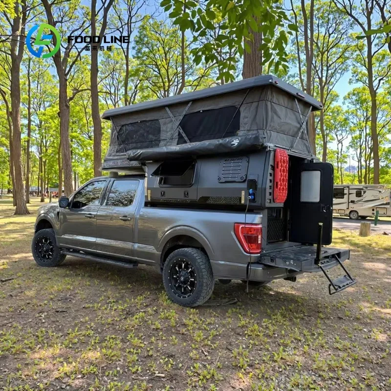 Customized Aluminum Flatbed Camper For Truck With Side Awning And Ladder Outdoor Camping Wholesale