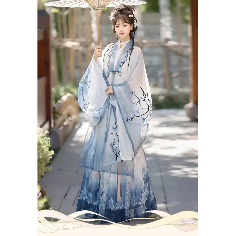 قميص نسائي طويل من سلالة مينغ هانفو مطرز ماغنوليا بياقة واقفة للربيع والصيف والخريف نمط خرافي يومي
