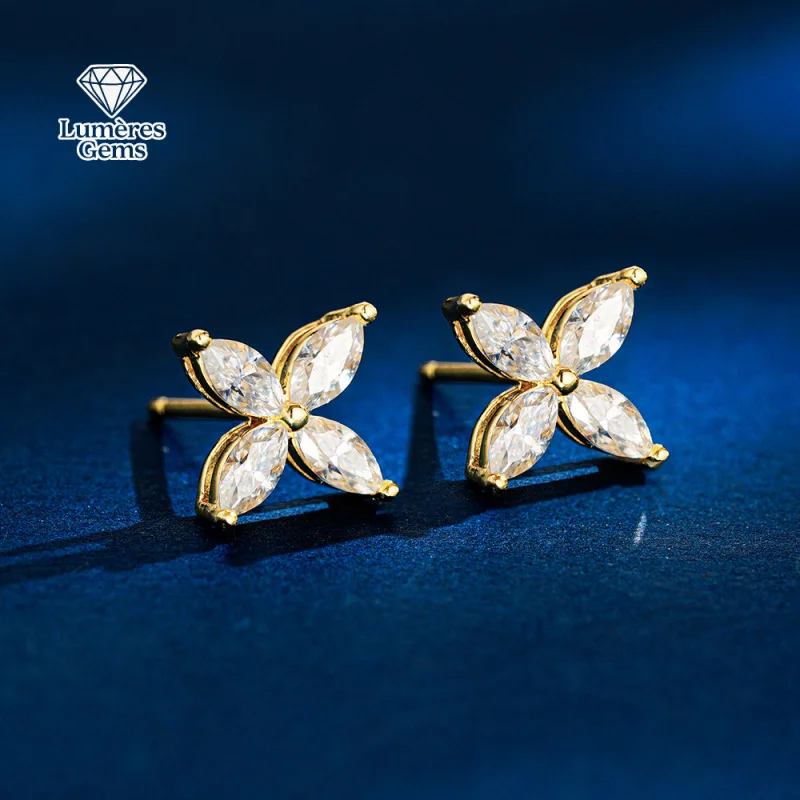 LumièRe Gems' New 18K Gold Earrings Set With Four-Leaf Clover Marquise Sapphires. Suitable For Sensitive Ears. A Luxurious Gift